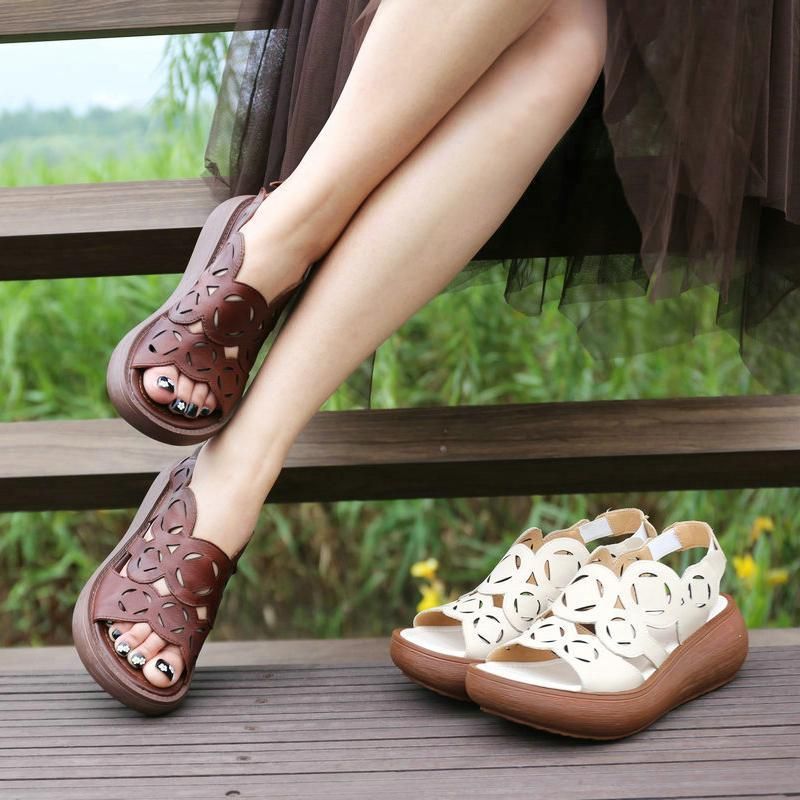 Leren Retro Hollow Dikke Bodem Platform Sandalen Voor Dames