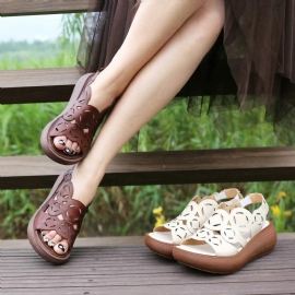 Leren Retro Hollow Dikke Bodem Platform Sandalen Voor Dames