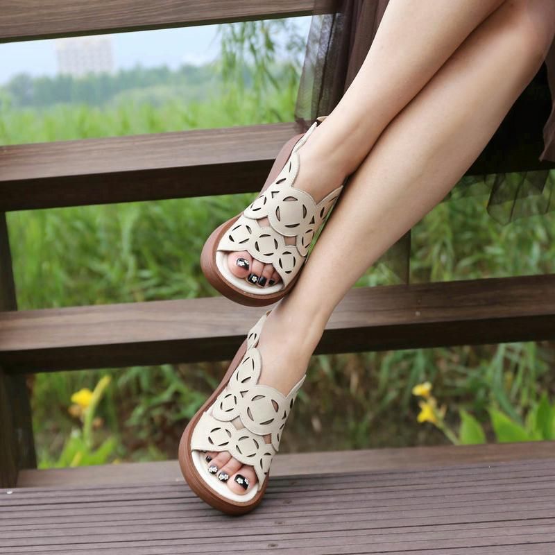 Leren Retro Hollow Dikke Bodem Platform Sandalen Voor Dames