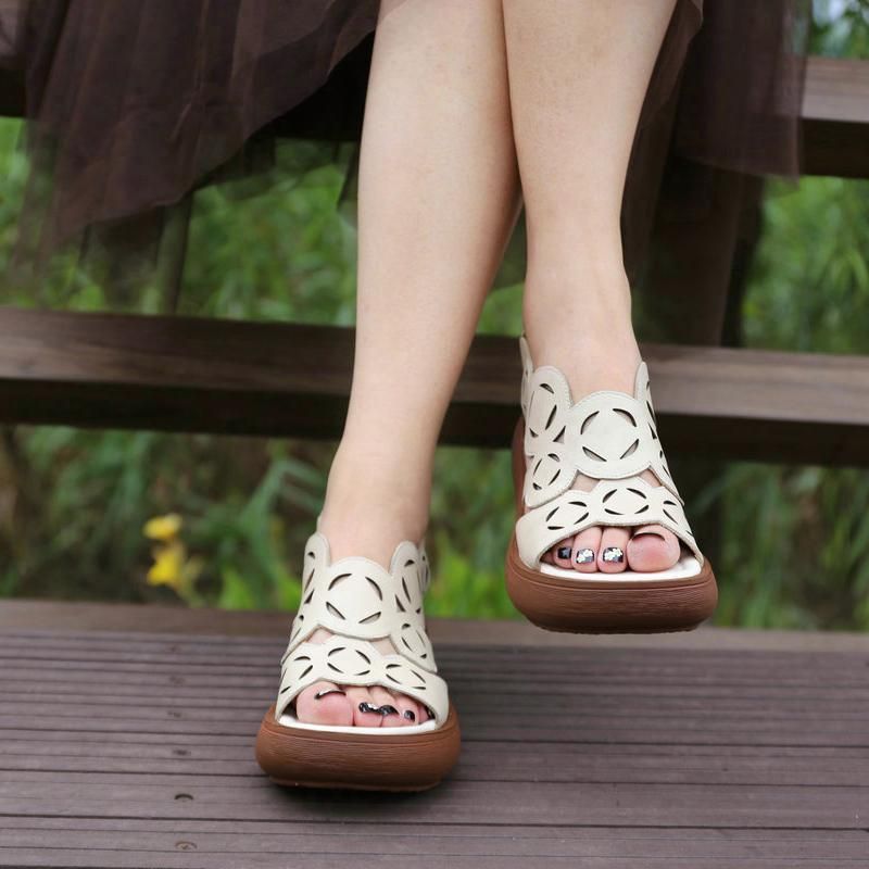 Leren Retro Hollow Dikke Bodem Platform Sandalen Voor Dames