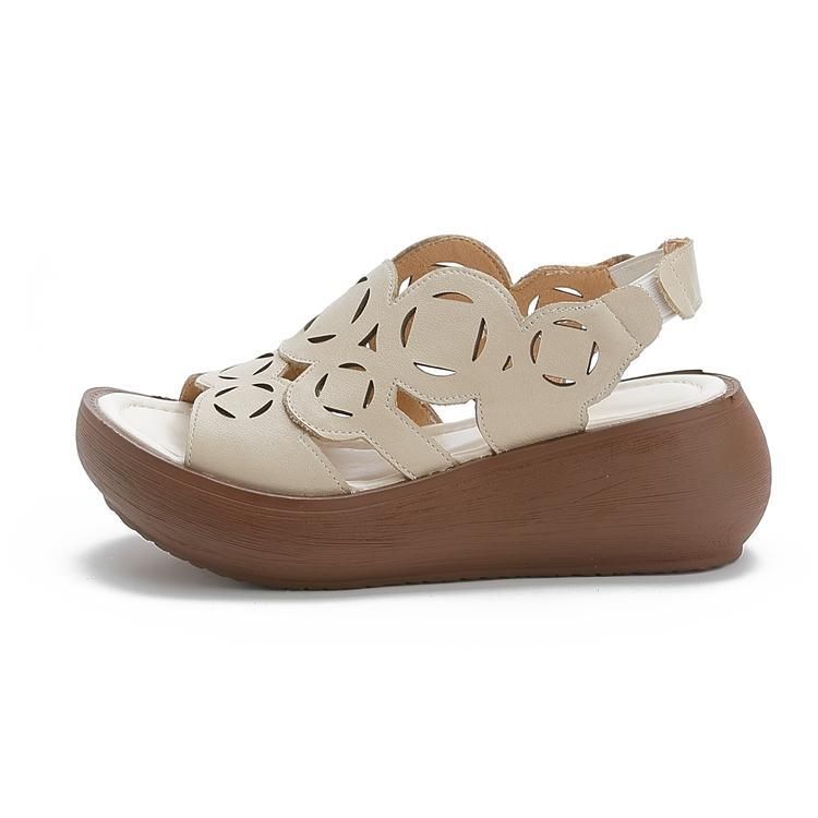 Leren Retro Hollow Dikke Bodem Platform Sandalen Voor Dames