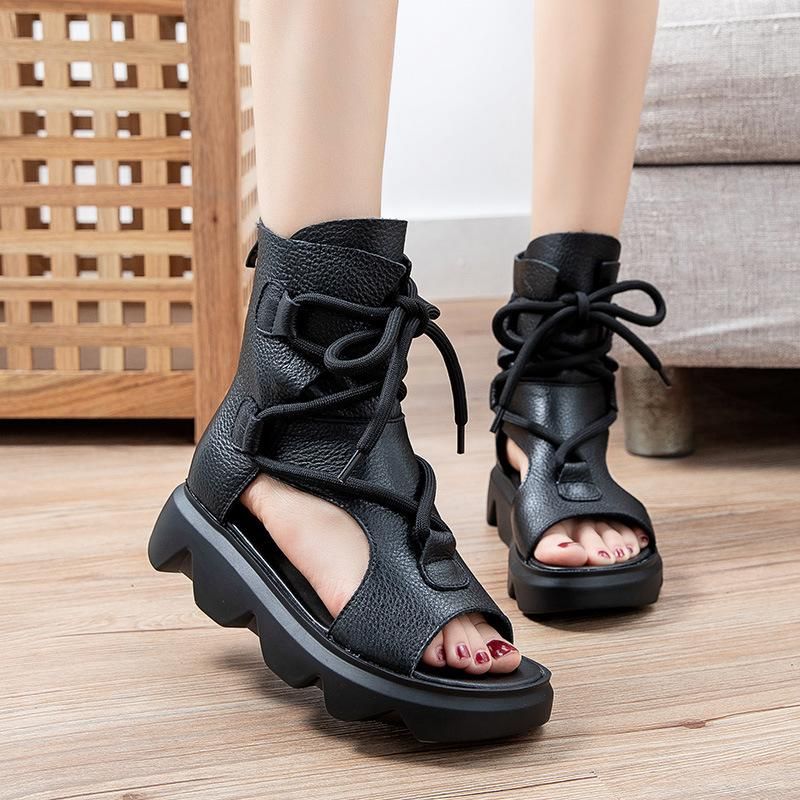 Leren Retro Klassieke Sandalen Met Rits Aan De Achterkant