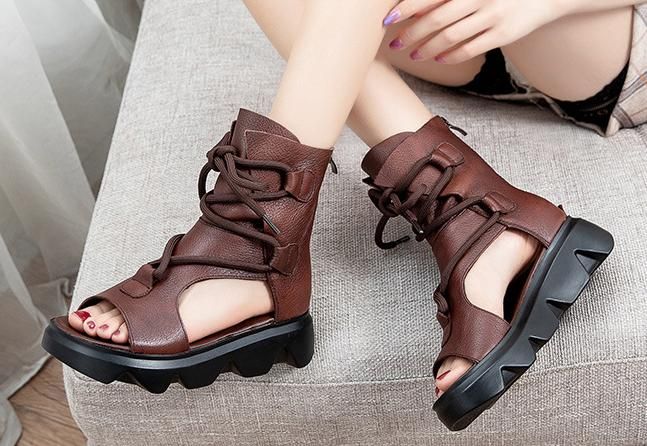 Leren Retro Klassieke Sandalen Met Rits Aan De Achterkant