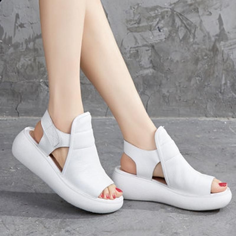 Massief Lederen Plateau Sandalen Met Klittenband