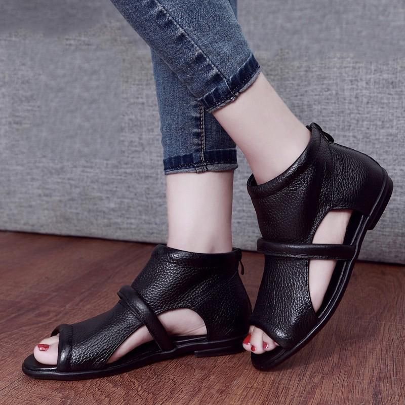 Nieuwe Casual Platte Leren Sandalen