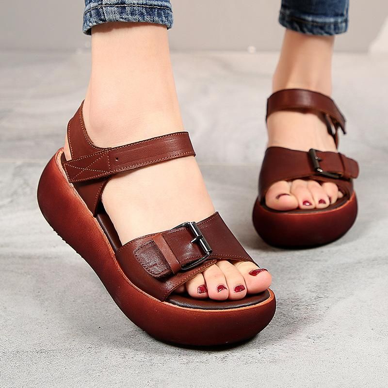 Nieuwe Mode Retro Eerste Laag Koeienhuid Casual Dames Sandalen