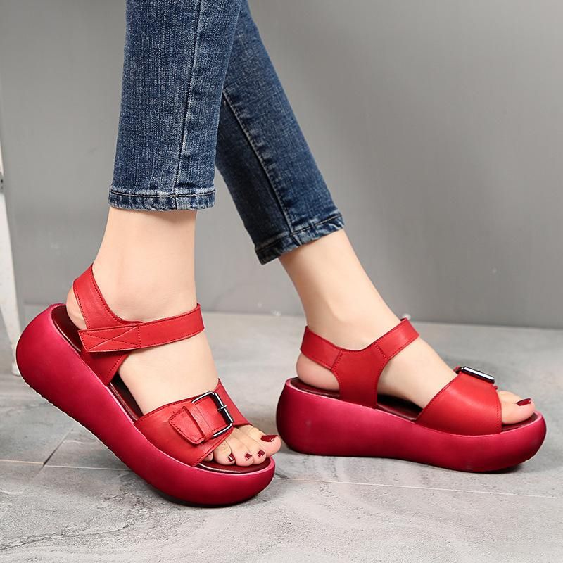 Nieuwe Mode Retro Eerste Laag Koeienhuid Casual Dames Sandalen