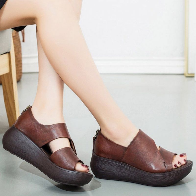 Peep Toe Wedge Casual Leren Sandalen