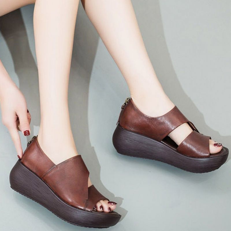 Peep Toe Wedge Casual Leren Sandalen