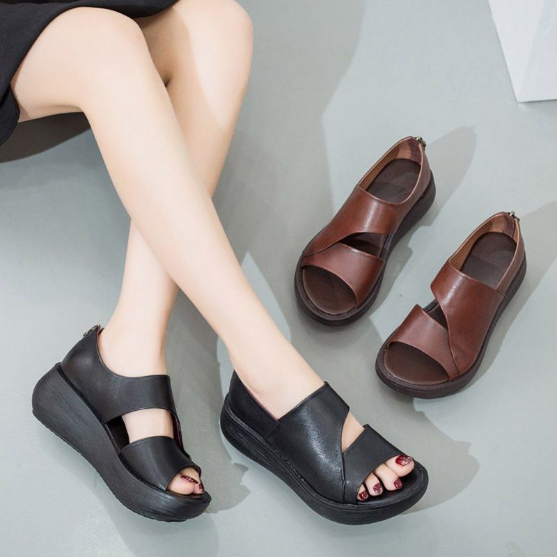 Peep Toe Wedge Casual Leren Sandalen