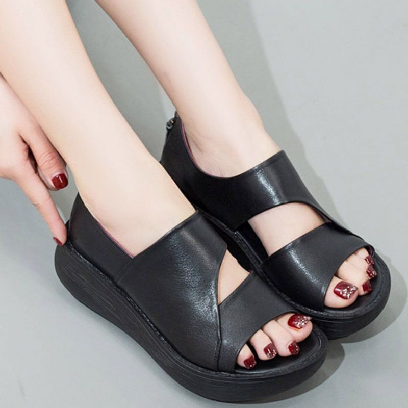 Peep Toe Wedge Casual Leren Sandalen