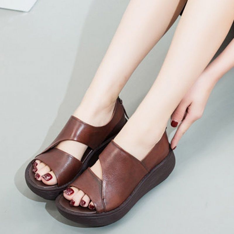 Peep Toe Wedge Casual Leren Sandalen