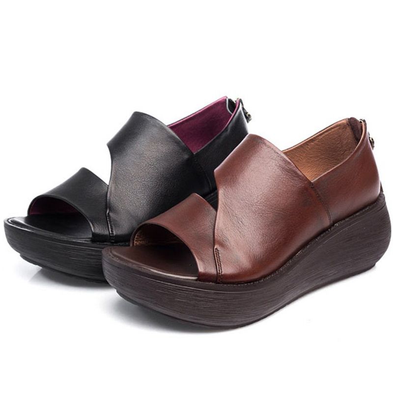 Peep Toe Wedge Casual Leren Sandalen