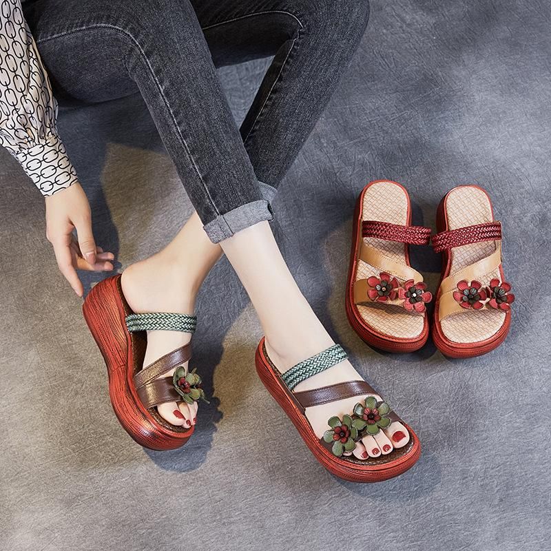 Retro Casual Handgemaakte Lederen Plateausandalen Met Bloemen