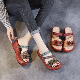 Retro Casual Handgemaakte Lederen Plateausandalen Met Bloemen