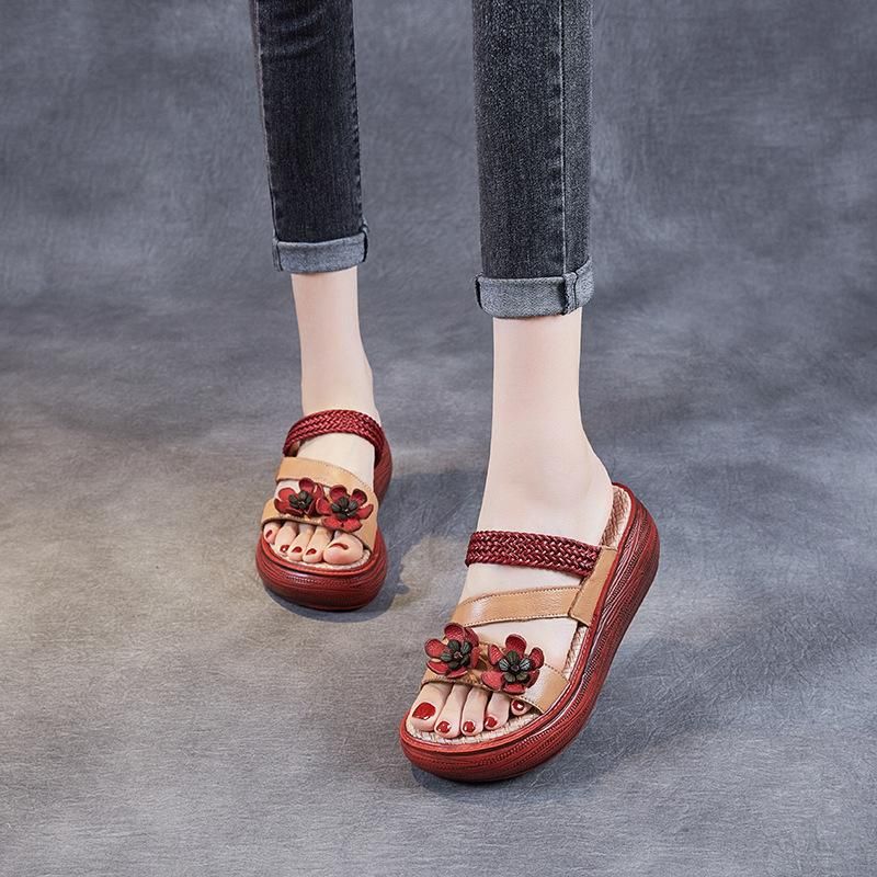 Retro Casual Handgemaakte Lederen Plateausandalen Met Bloemen