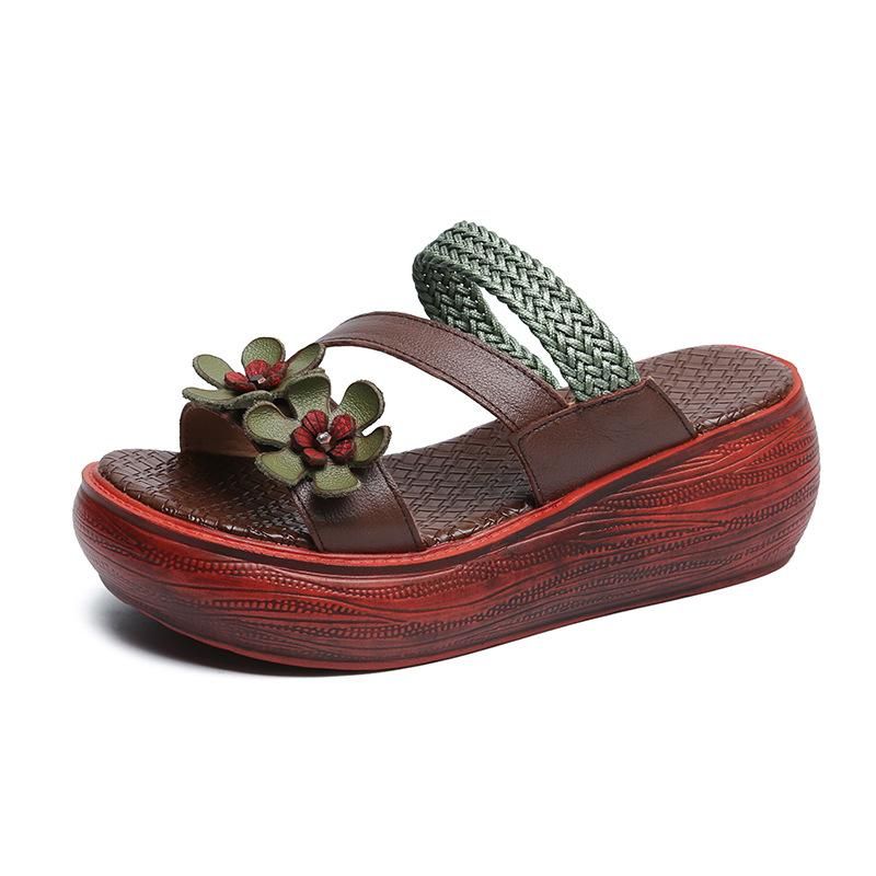 Retro Casual Handgemaakte Lederen Plateausandalen Met Bloemen