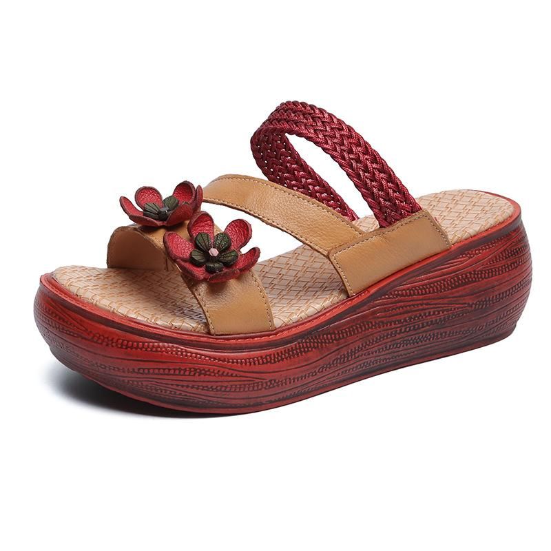 Retro Casual Handgemaakte Lederen Plateausandalen Met Bloemen