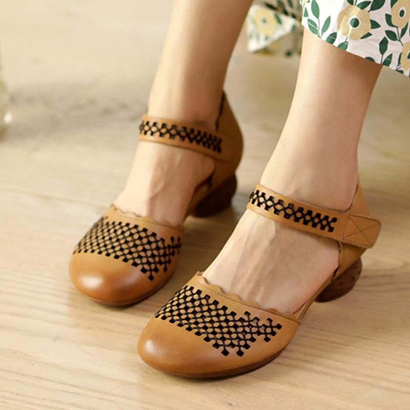 Retro Casual Wedge Leren Holle Sandalen