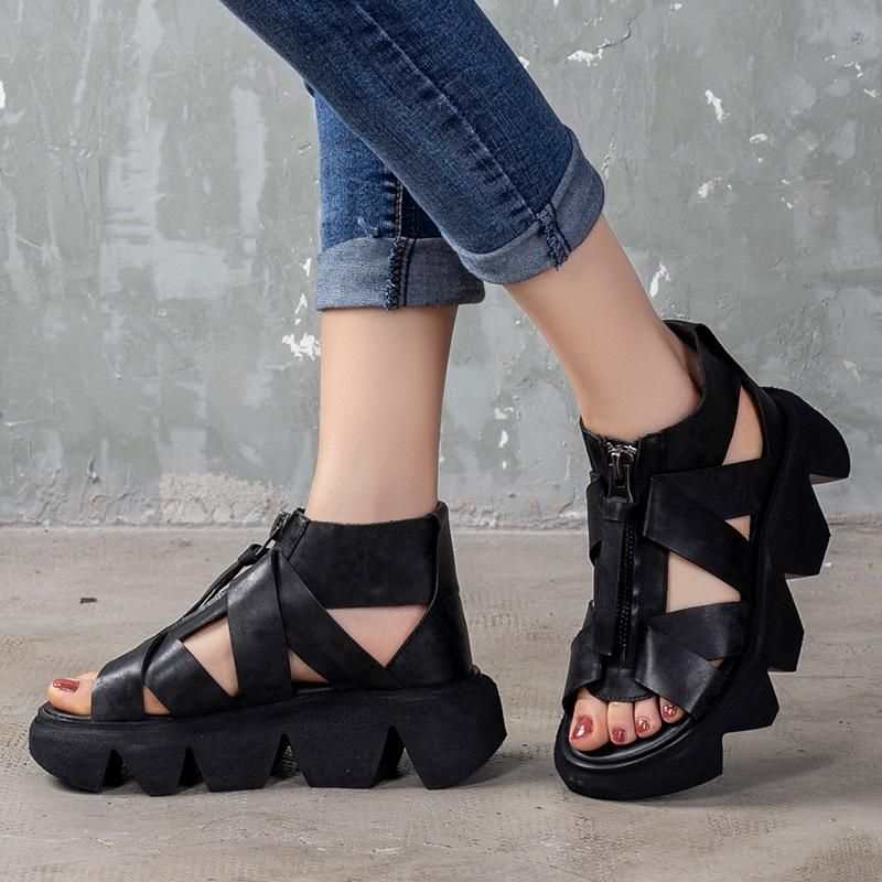 Retro Leren Sandalen Met Dikke Zolen En Plateauzool