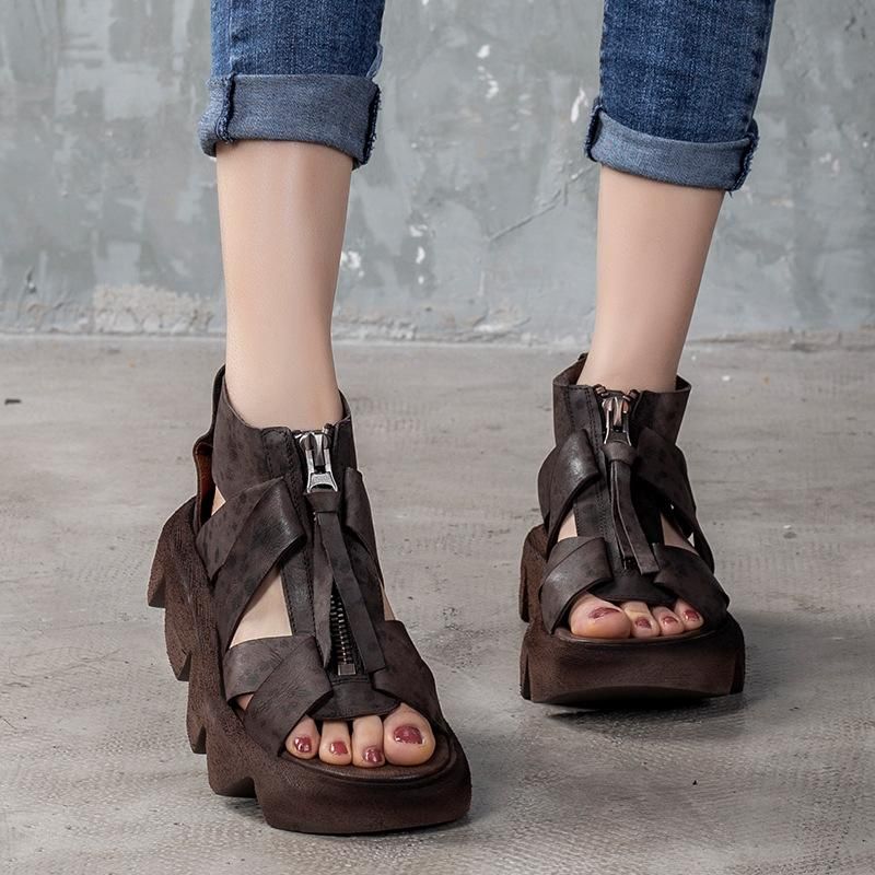 Retro Leren Sandalen Met Dikke Zolen En Plateauzool