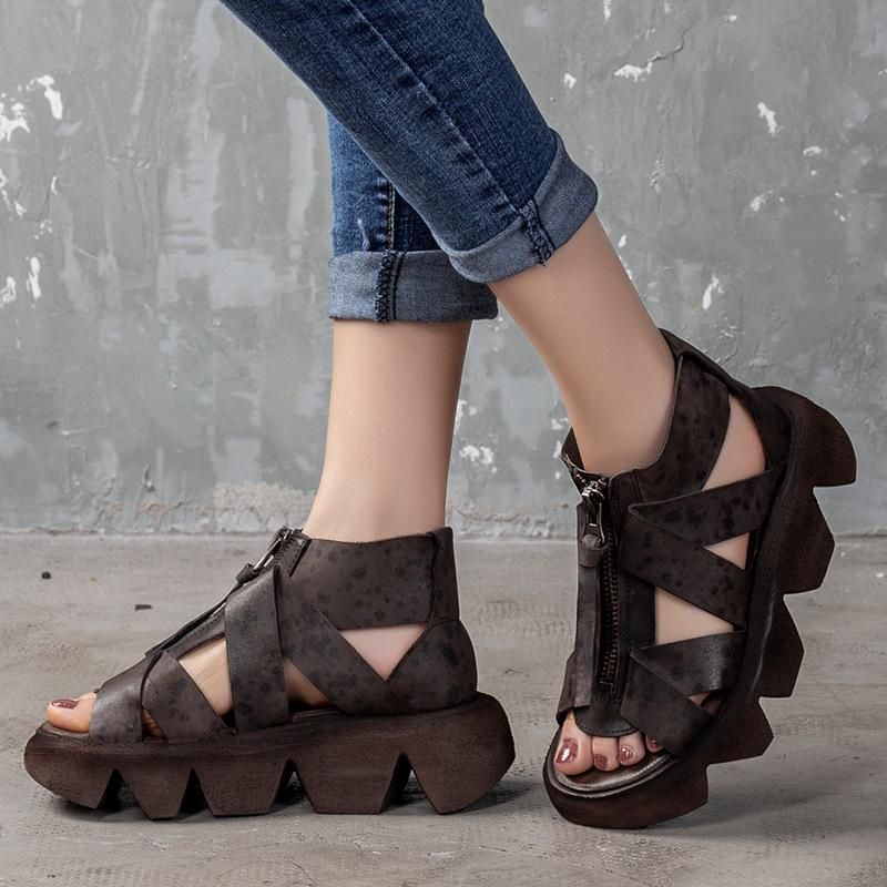 Retro Leren Sandalen Met Dikke Zolen En Plateauzool