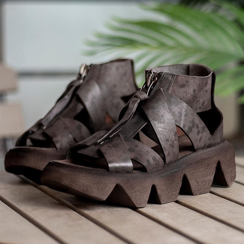 Retro Leren Sandalen Met Dikke Zolen En Plateauzool