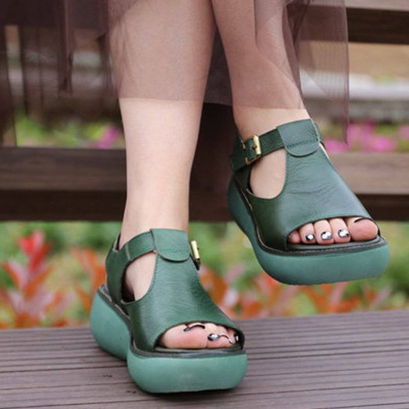 Solide Lederen Casual Platform Sandalen Met Verstelbare Gesp