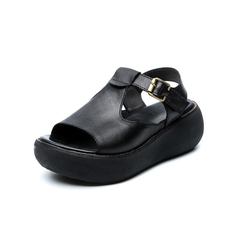 Solide Lederen Casual Platform Sandalen Met Verstelbare Gesp