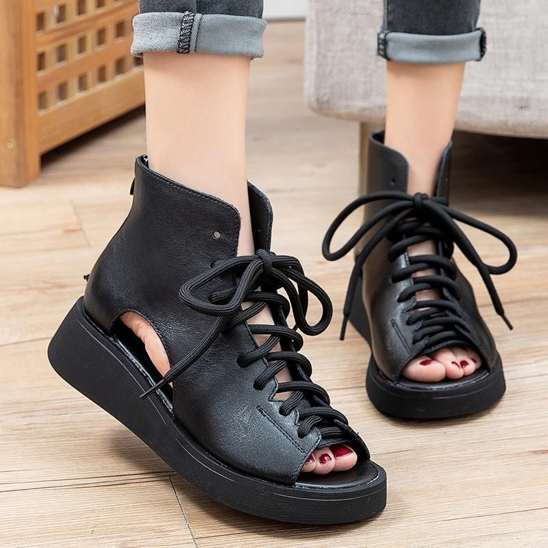 Vintage Platform Schoenen Wedge Open Teen Leren Sandalen