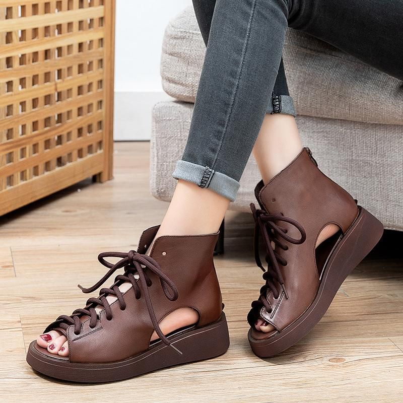 Vintage Platform Schoenen Wedge Open Teen Leren Sandalen