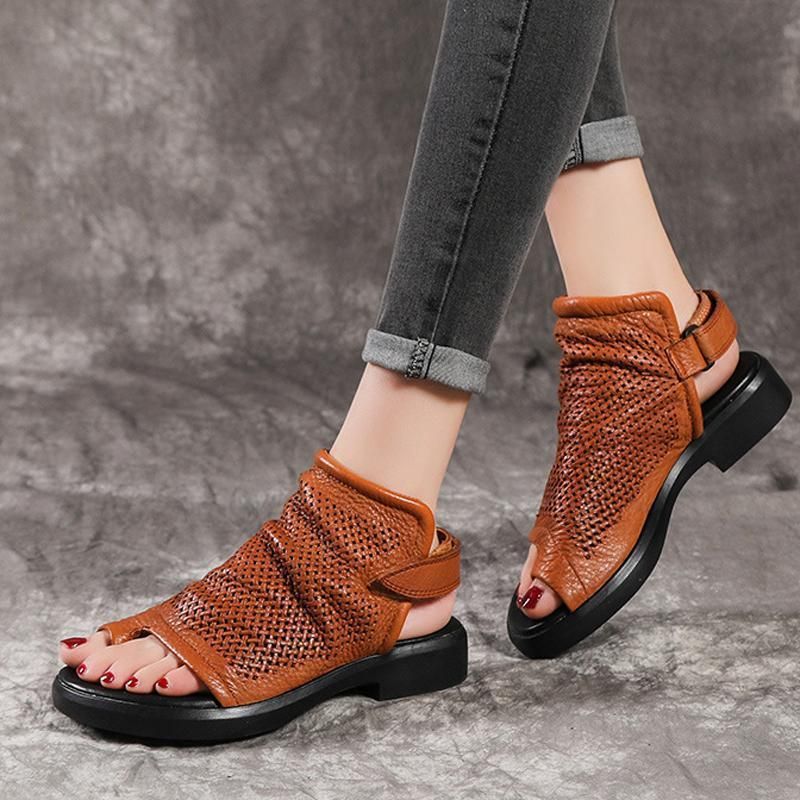 Vrouwen Hollow Out Clip Toe Leren Platte Schoenen Sandalen