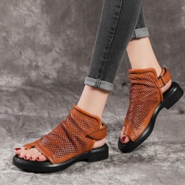 Vrouwen Hollow Out Clip Toe Leren Platte Schoenen Sandalen