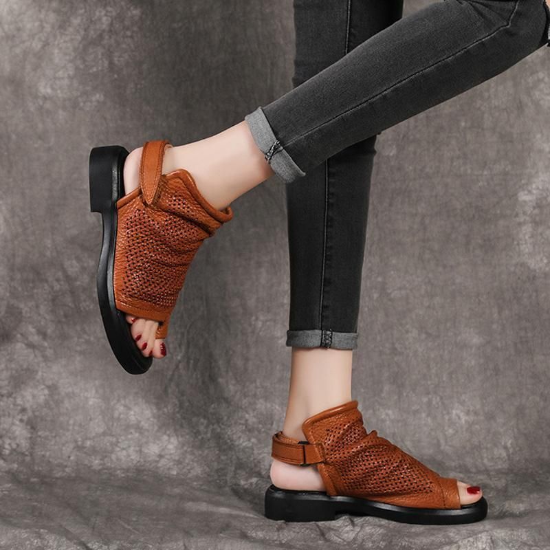 Vrouwen Hollow Out Clip Toe Leren Platte Schoenen Sandalen