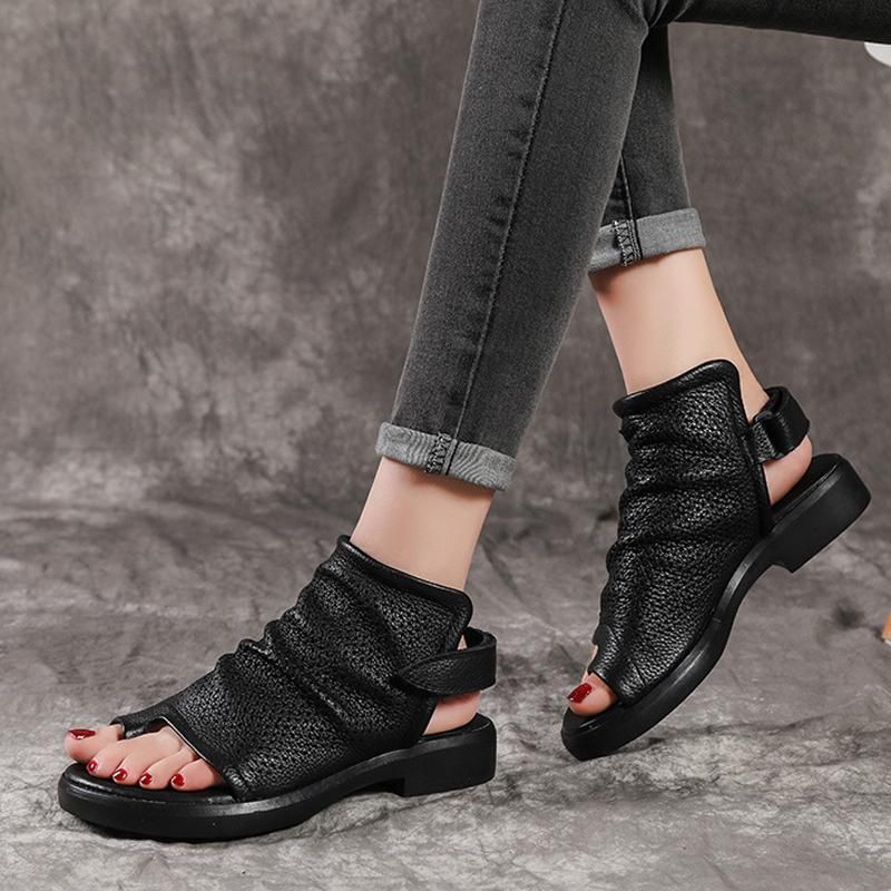 Vrouwen Hollow Out Clip Toe Leren Platte Schoenen Sandalen