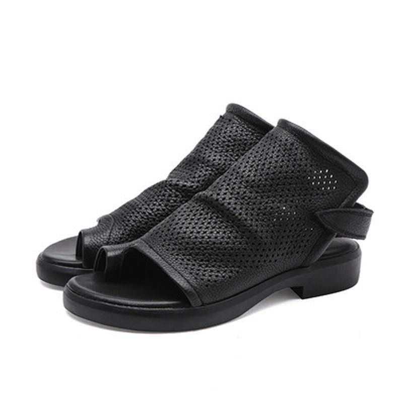 Vrouwen Hollow Out Clip Toe Leren Platte Schoenen Sandalen