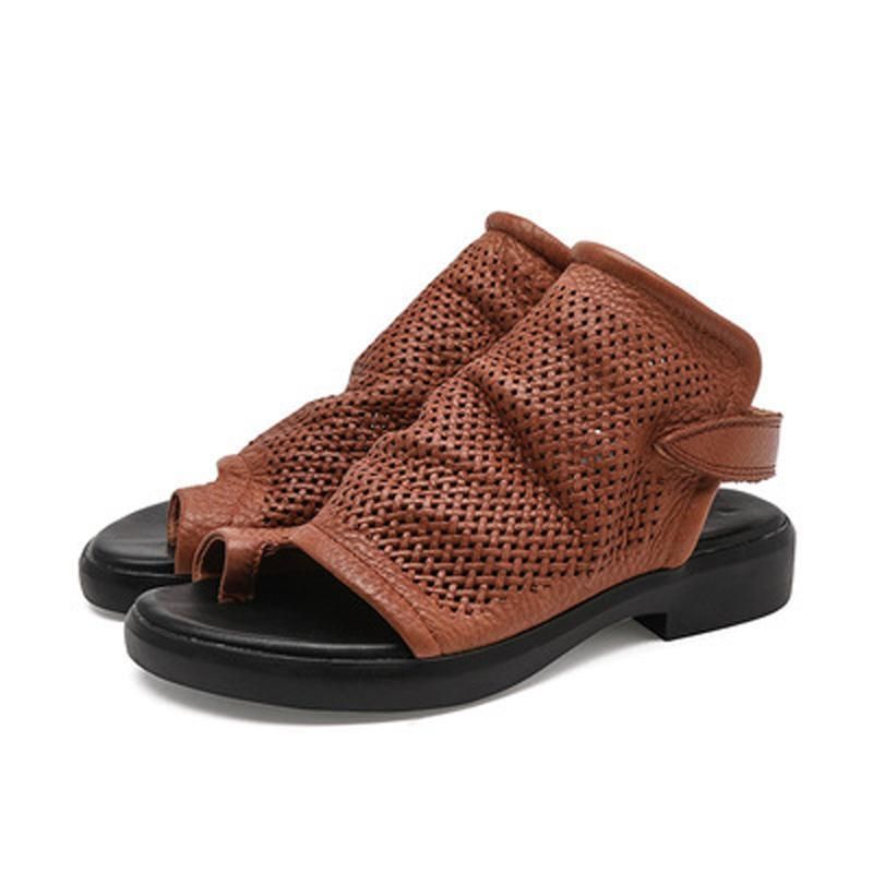 Vrouwen Hollow Out Clip Toe Leren Platte Schoenen Sandalen