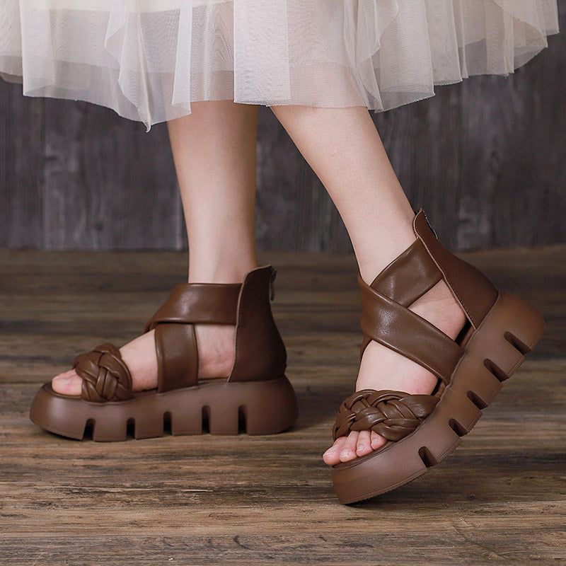 Zomer Dames Leren Gevlochten Wedge Sandalen