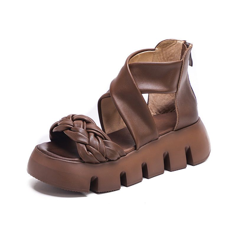 Zomer Dames Leren Gevlochten Wedge Sandalen