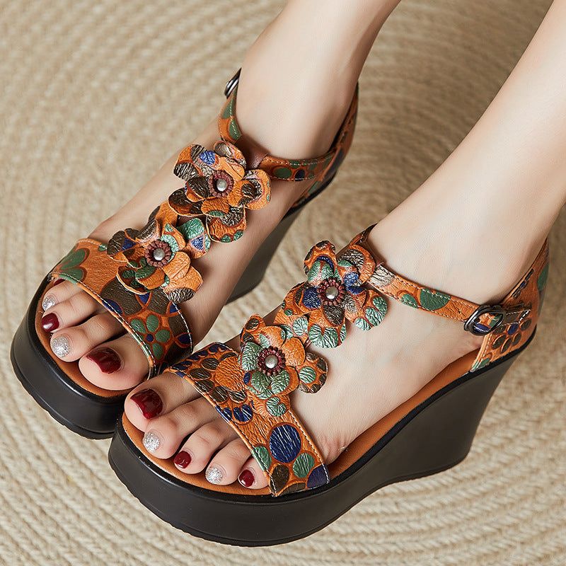 Zomer Retro Bloemendecoratie Lederen Hoge Hak Sandalen