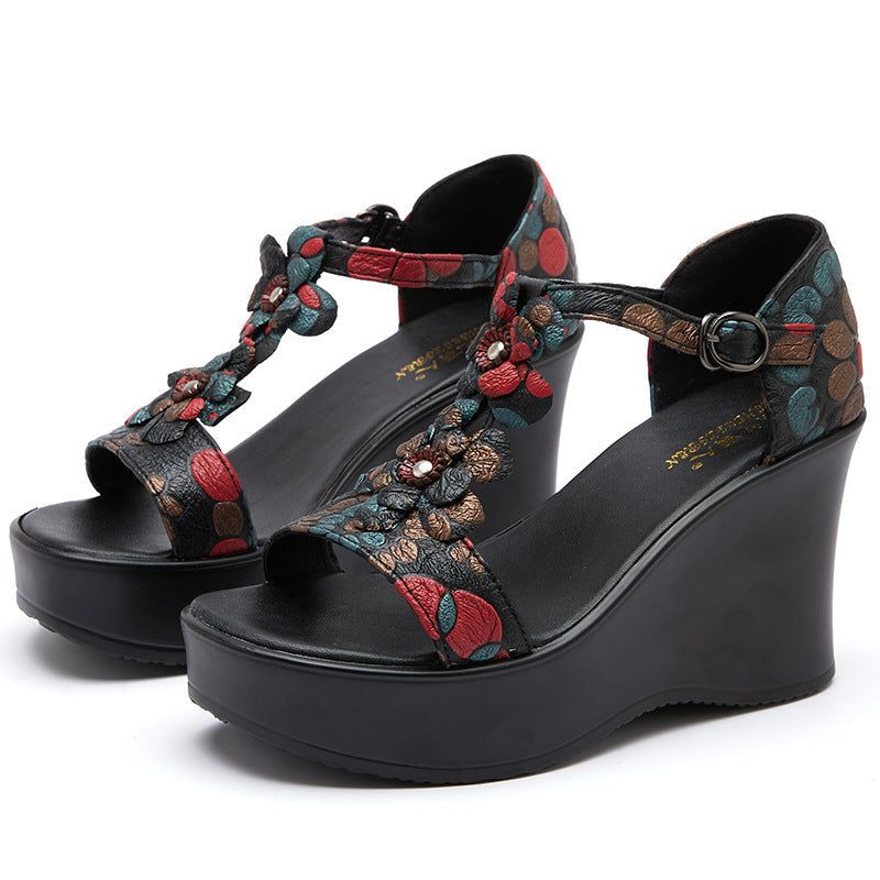 Zomer Retro Bloemendecoratie Lederen Hoge Hak Sandalen