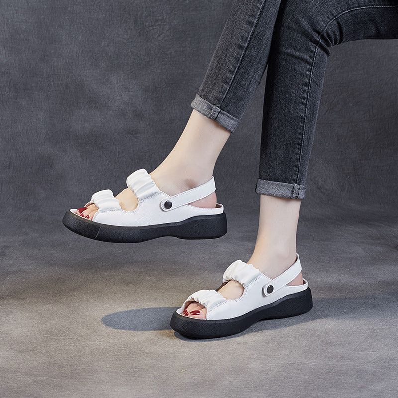 Zomer Retro Geplooide Leren Casual Sandalen