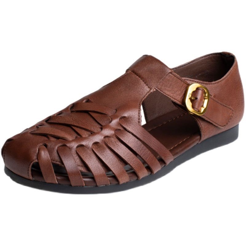 Zomer Retro Lederen Handgemaakte Riem Klittenband Sandalen