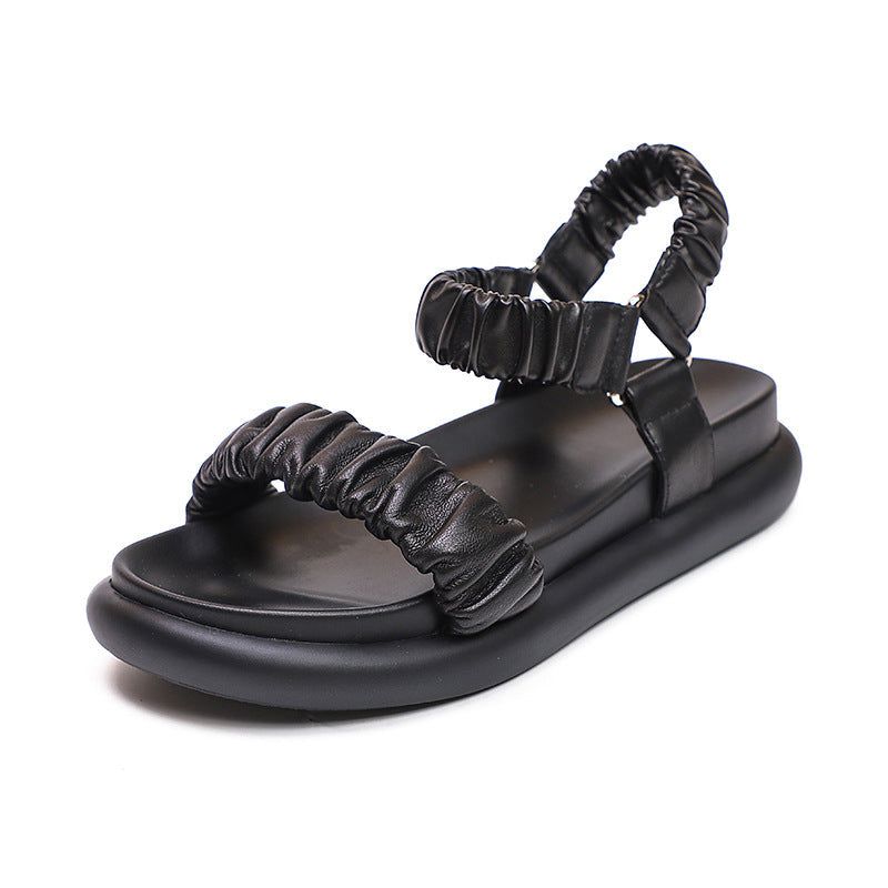 Zomer Retro Mode Zachte Geplooide Leren Casual Sandalen