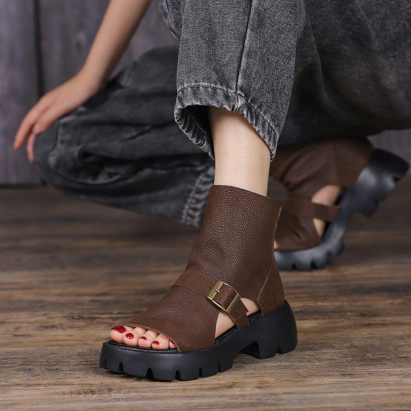 Zomer Vintage Holle Leren Platform Sandalen