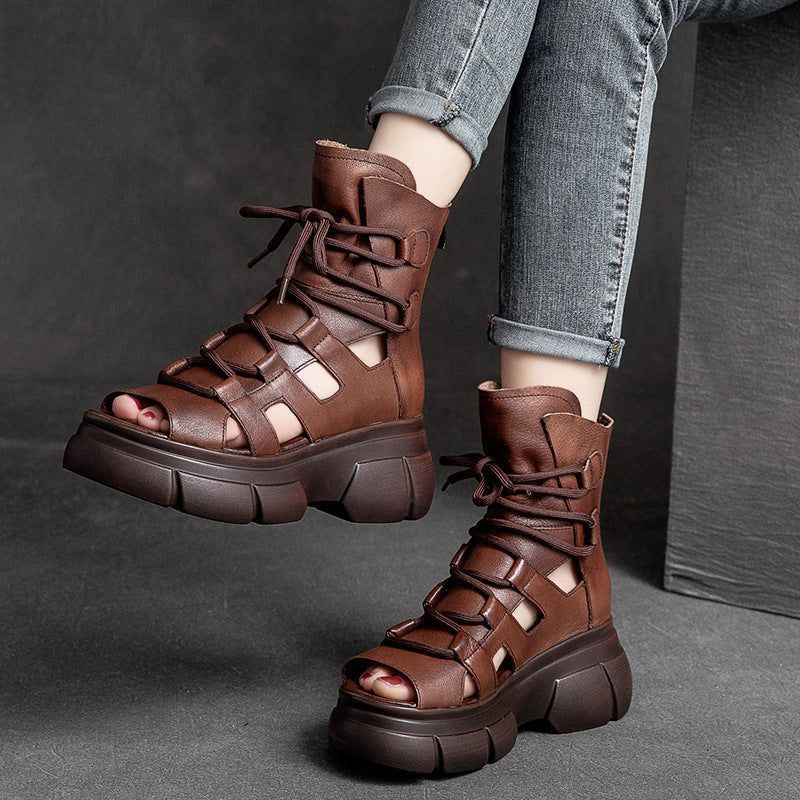 Zomer Vintage Holle Leren Platform Sandalen