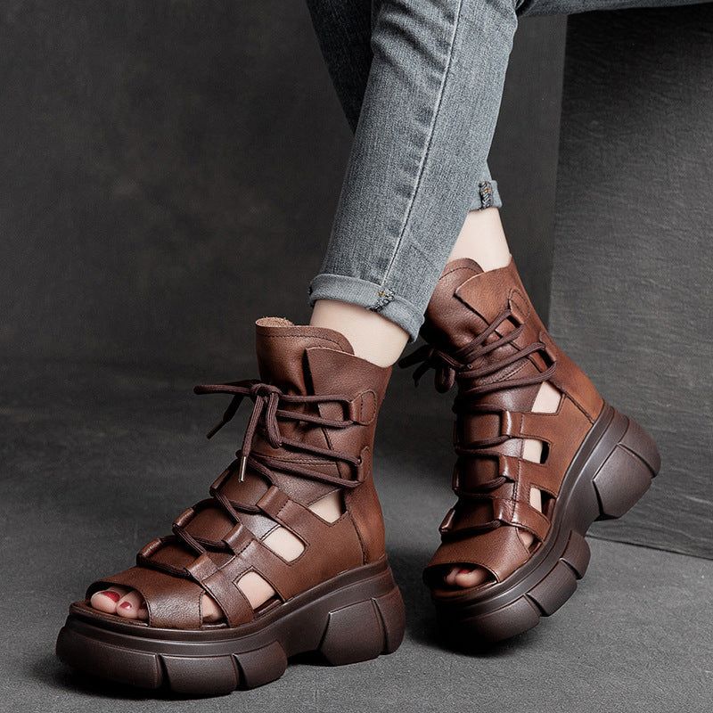 Zomer Vintage Holle Leren Platform Sandalen