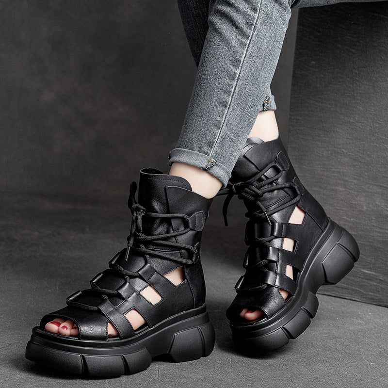 Zomer Vintage Holle Leren Platform Sandalen