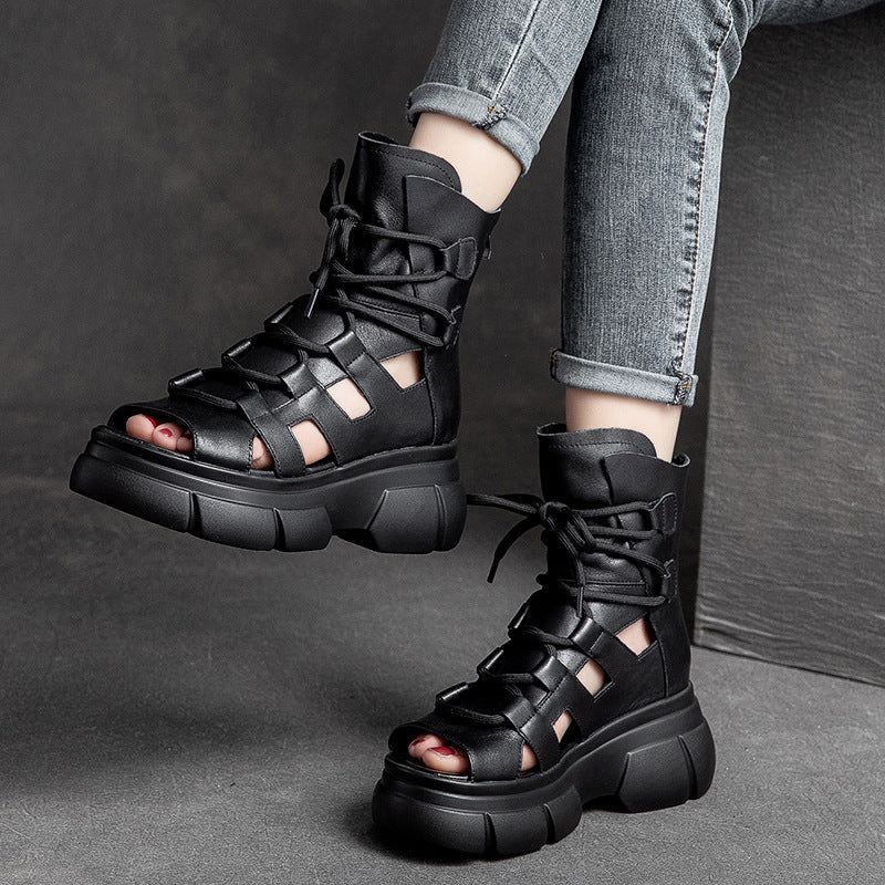 Zomer Vintage Holle Leren Platform Sandalen