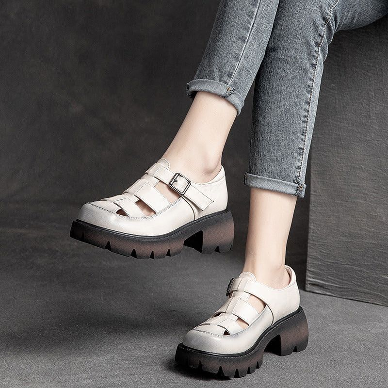 Zomer Vintage Leren Hollow Velcro Casual Sandalen